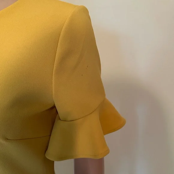 Calvin Klein Mustard Yellow Sheath Dress Size 4 | Flutter Sleeve - Picture 5 of 9
